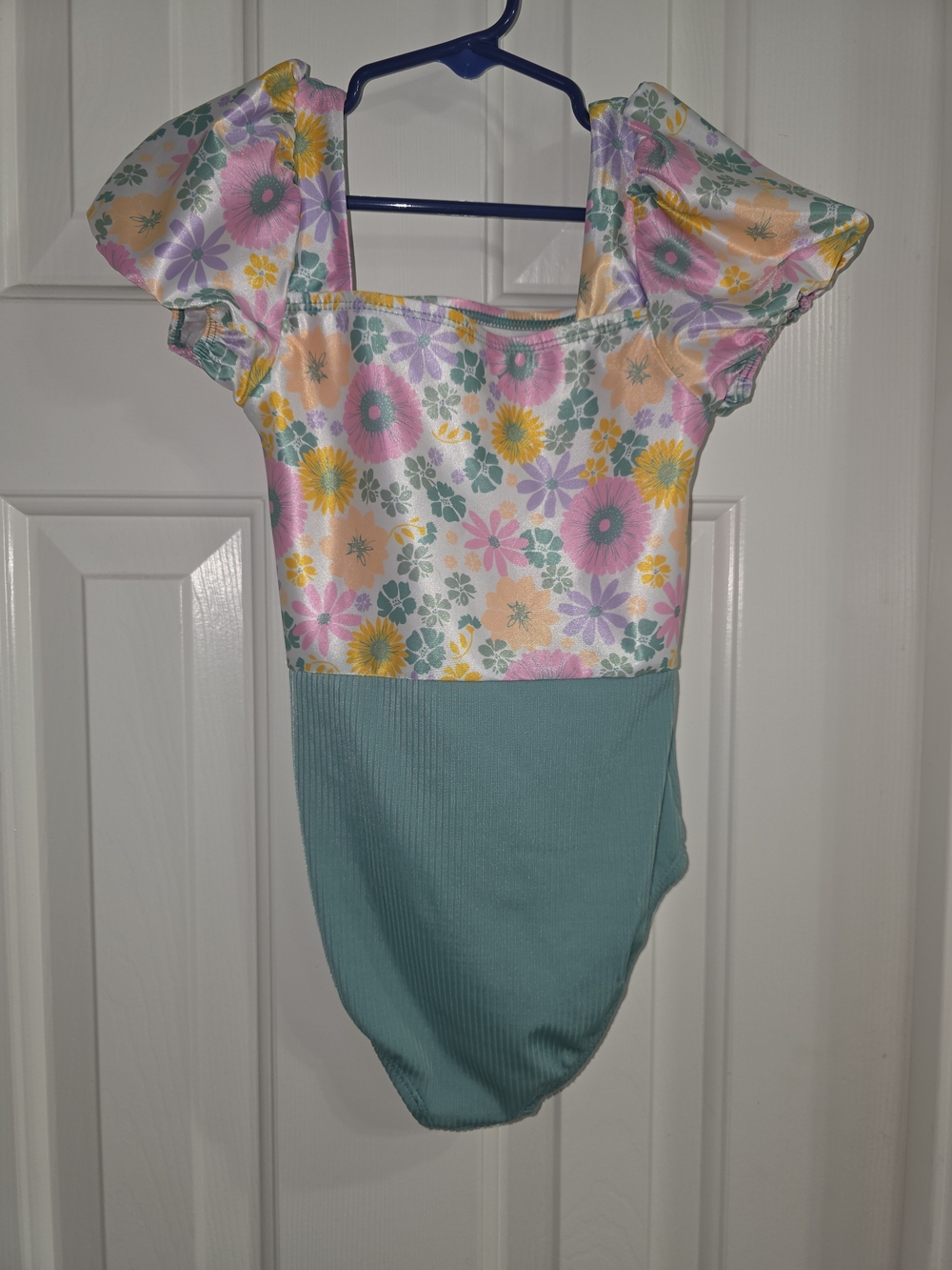 wonder nation Girls Floral Puff Sleeve One-Piece Swimsuit in Teal, Pink, Yellow